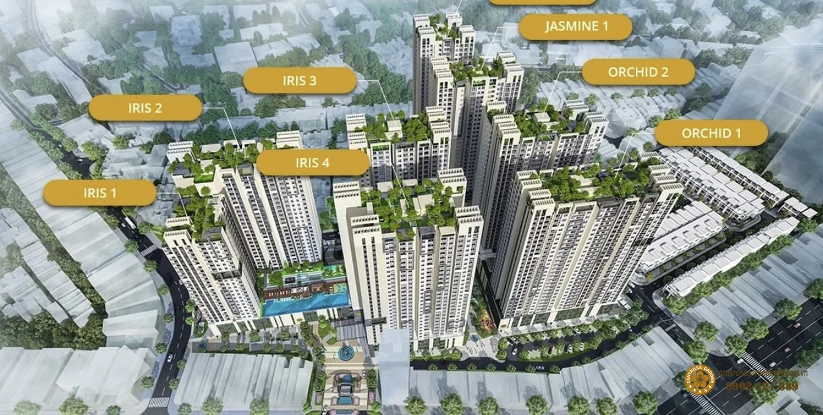 Sơ đồ các tòa Orchid, Jasmine và Iris tại Hà Đô Centrosa Garden.