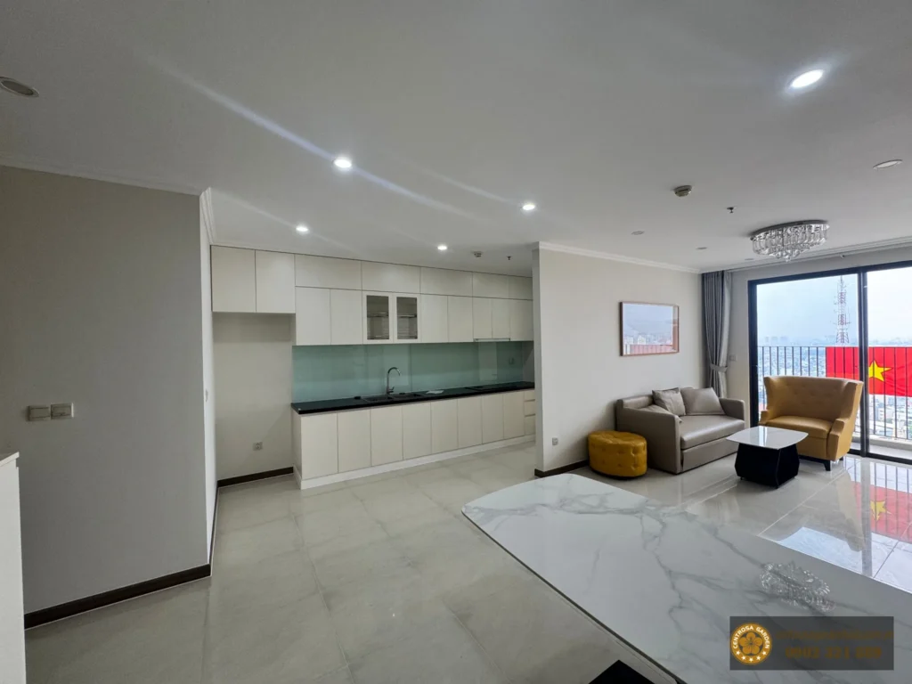Tổng quan phòng khách liên thông bếp căn hộ Hà Đô Centrosa 105m2 2PN+.